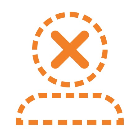 A dotted outline of head and shoulders with a large X across the face suggesting absence
