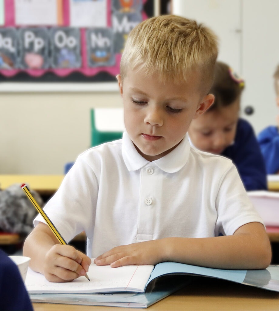 A boy pupil holding a pencil makes notes in his exercise book