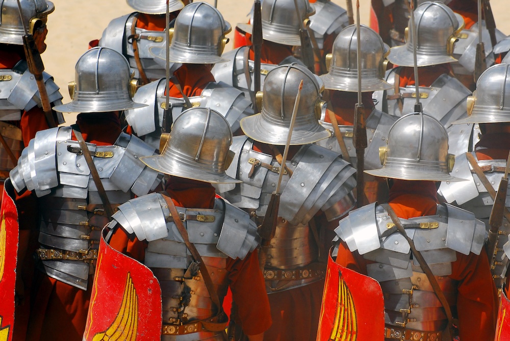Backside of roman soldiers during Roman show in Jerash, Jordan